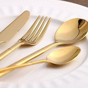 18 Pieces Stainless Steel Designer Cutlery Set | Kitchenware | Tableware | 6 Tea Spoon | 6 Dinner Spoon | 6 Dinner Fork | Munar Golden, Medium